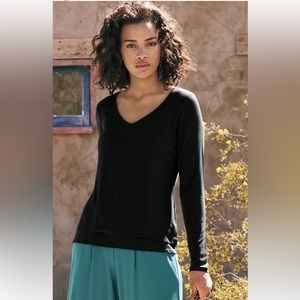 Peruvian Connection Dual Neck Long Sleeve Top Black Jersey Knit Size Large